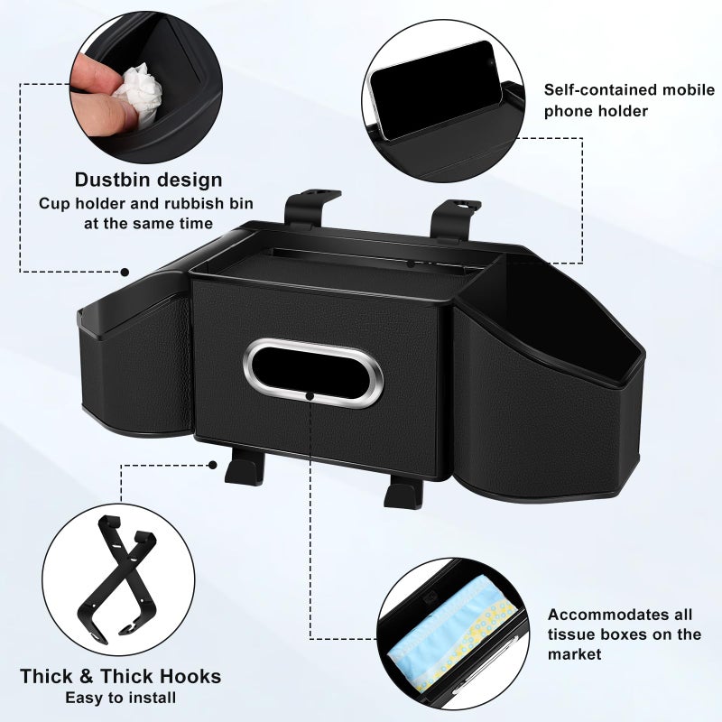 Hiitytin 7-In-1 Car Seat Back Organizer with Cup Holders  Tissue Box  Garbage Can&Hooks  Multifunctional Headrest Storage Organizer  Headrest Cup Holder for Backseat  Car Accessories for Trips  Travels(Black) - Image 3